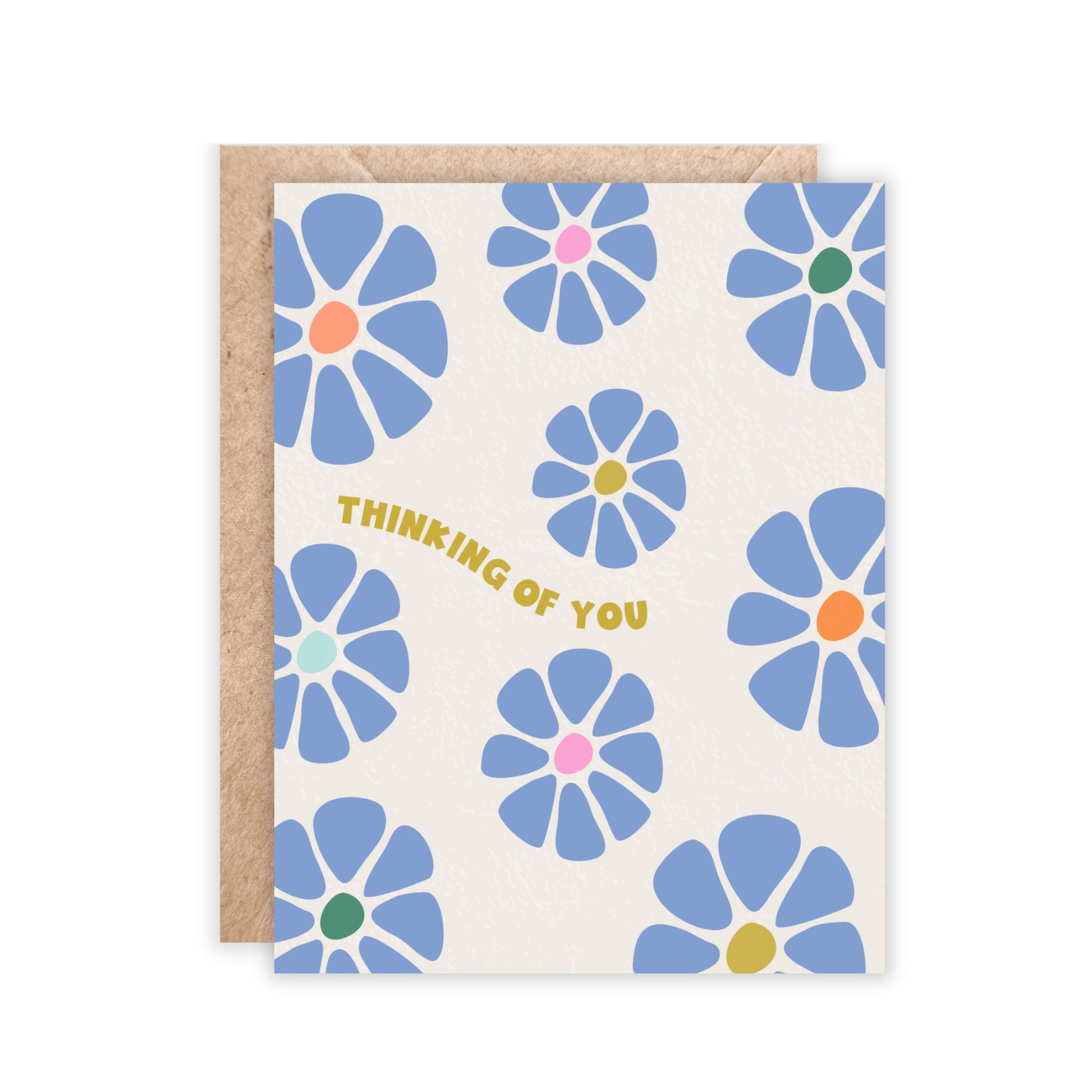 thinking of you card with blue daisies