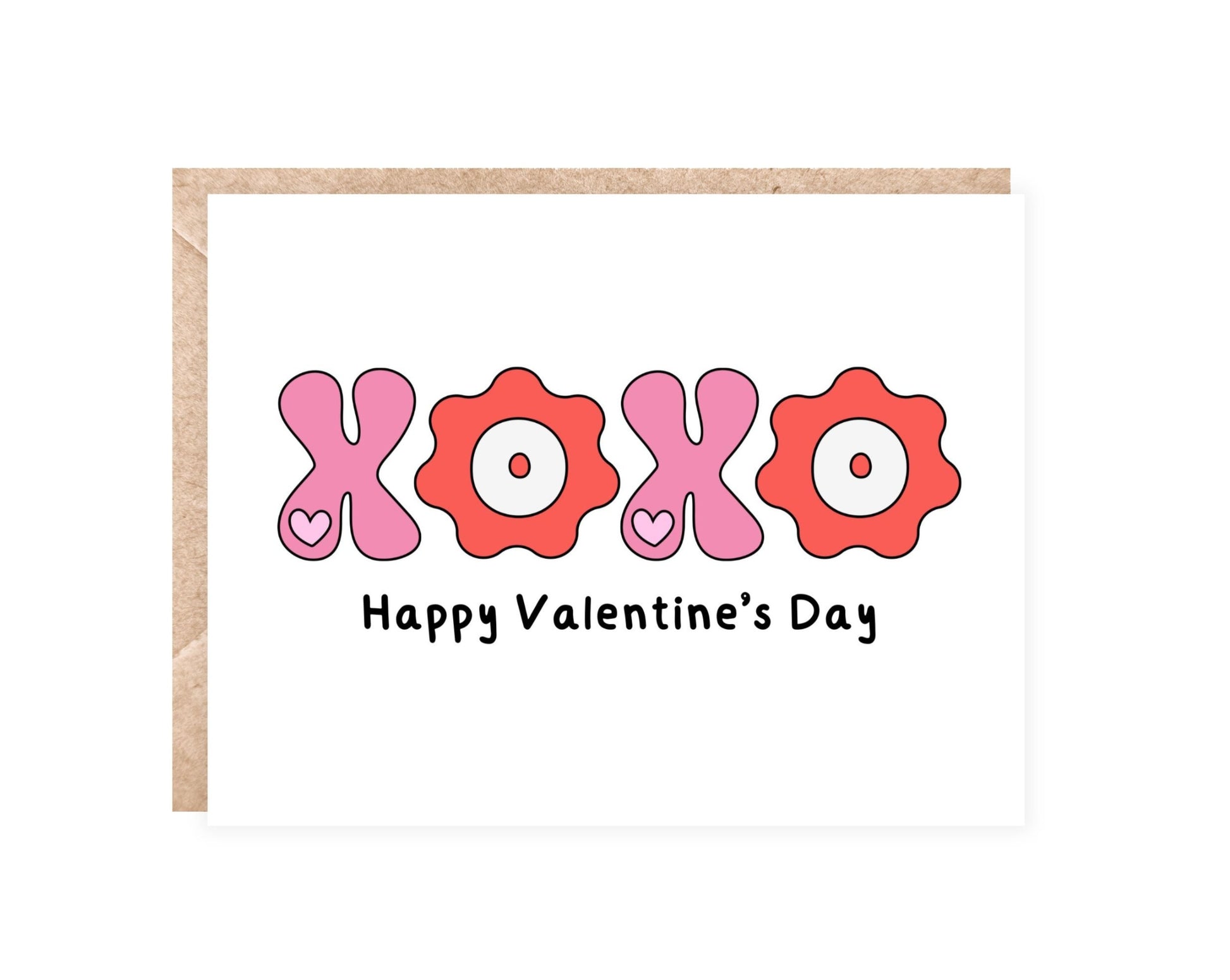 Valentine's day card that has XOXO in big bubble letters in pink and red and says happy valentine's day under it.