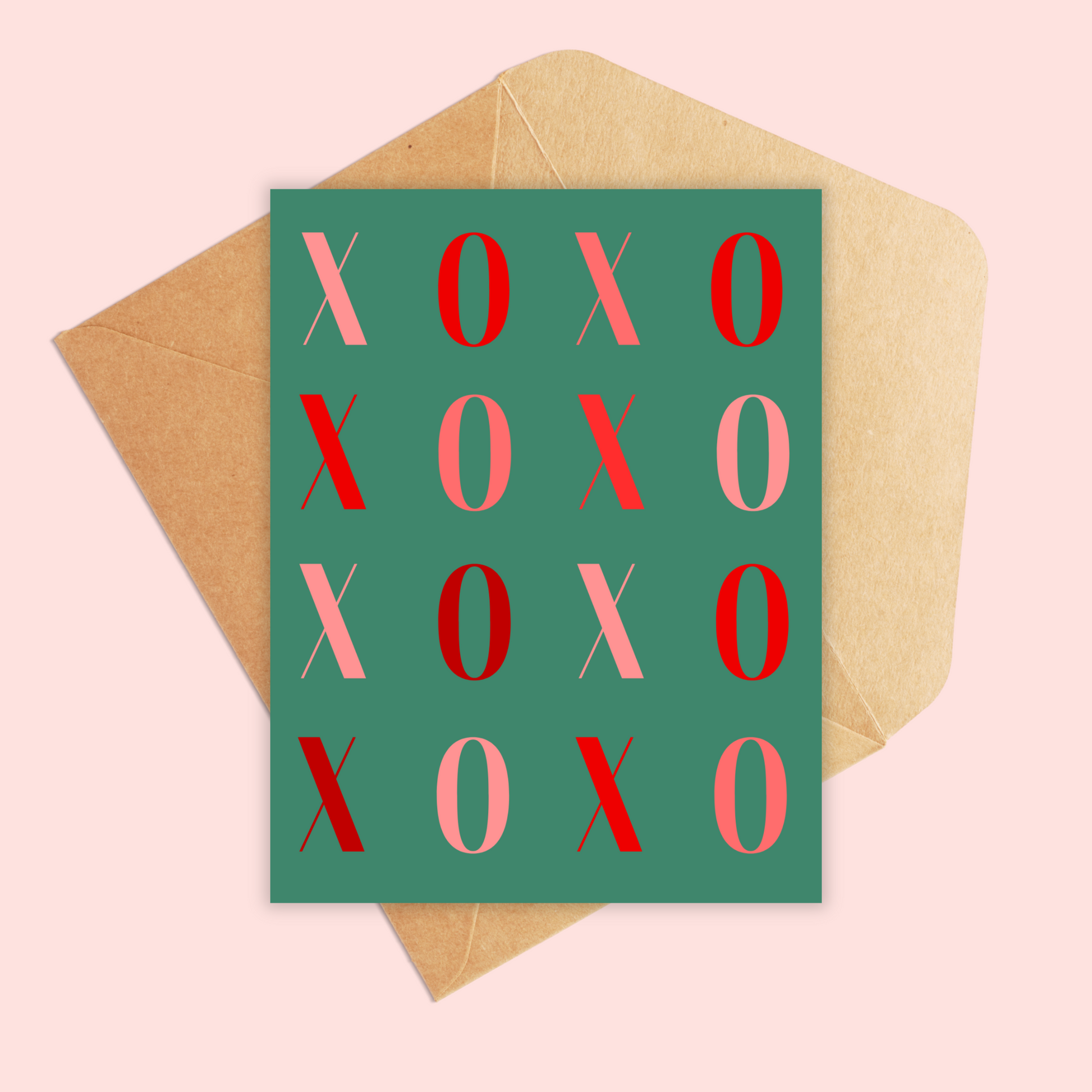 greeting card portrait sized with green background and xoxo in red and pink letters repeating 4 times down the card