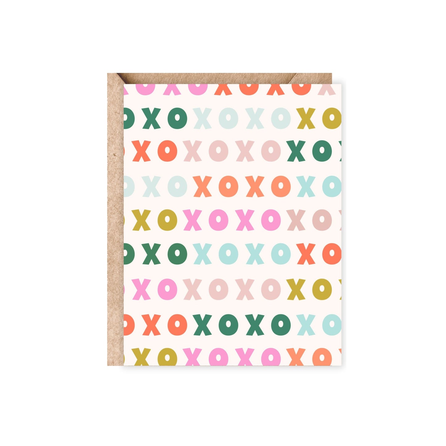 greeting card with a xoxo raibow pattern in green, mint, mustard yellow, pink and orange and blush