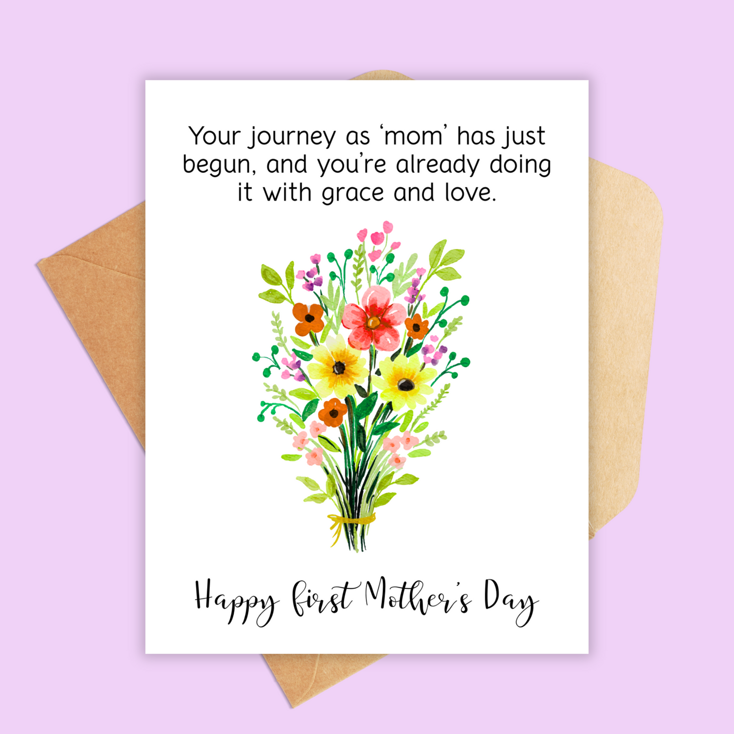 New Mom greeting card that has a bouquet of flowers in the center and above the text says Your journey as 'mom' has just begun but already you're doing it with grace and love. happy first mother's day