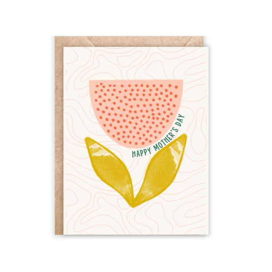 Mother's Day card with an abstract tulip in blush, mustard yellow and orange. 