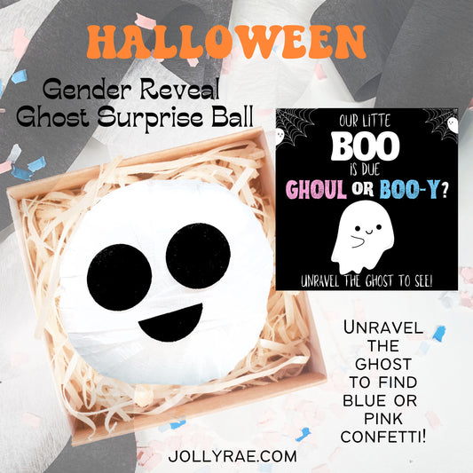 Halloween Gender Reveal Ghost Surprise Ball with a face. Unravel through layers of crepe paper to get to the end to find either blue or pink confetti and a tag to reveal the gender of your baby.  Tag either reads, It's a Boo-y or It's a Ghoul