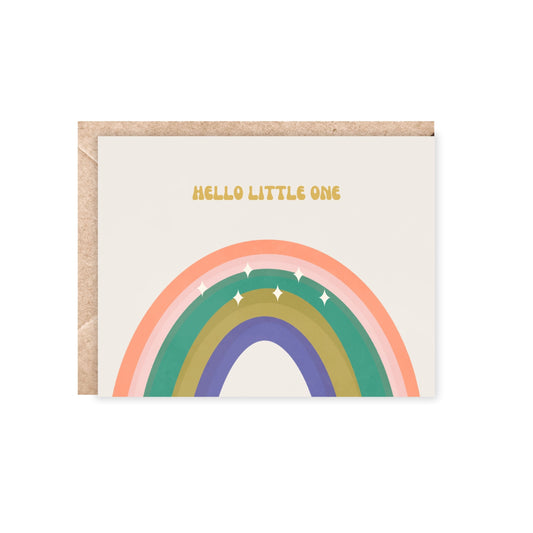 bright rainbow in blue, green, orange, yellow and blush with the text hello little one above it